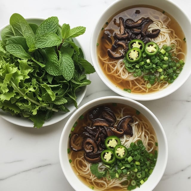Two bowls of noodle soup sit on a white marbled surface. Each bowl has a dark exterior and is filled with light brown broth covering pale yellow noodles. One side of each bowl holds fresh green leafy herbs and mint leaves. On top of the noodles are slices of dark brown mushrooms, thin white bean sprouts, and bright green slices of jalapeño peppers, all sprinkled with small chopped green onions. The bowls are arranged diagonally, with one slightly higher than the other. Photo taken with an iphone --ar 4:5 --v 7