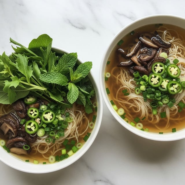 Two bowls of soup sit on a white marbled surface. Each bowl has a clear broth with thin noodles visible underneath. On top, there are dark brown, sliced mushrooms scattered around, along with light green chili slices and chopped green onions. To one side, fresh leafy greens and mint leave cluster together, adding a bright green contrast to the dish. The bowls are round and white with a smooth finish. photo taken with an iphone --ar 4:5 --v 7