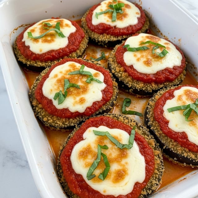 The image shows a close-up of a white baking dish holding several round eggplant slices, each coated in golden breadcrumb crust. On top of each slice is a thick layer of bright red tomato sauce, covering the surface evenly. A small dollop of melted white cheese with slightly browned spots sits at the center of each slice. Thin green basil ribbons are sprinkled on top, adding a fresh contrast. The dish is set on a white marbled surface. photo taken with an iphone --ar 4:5 --v 7