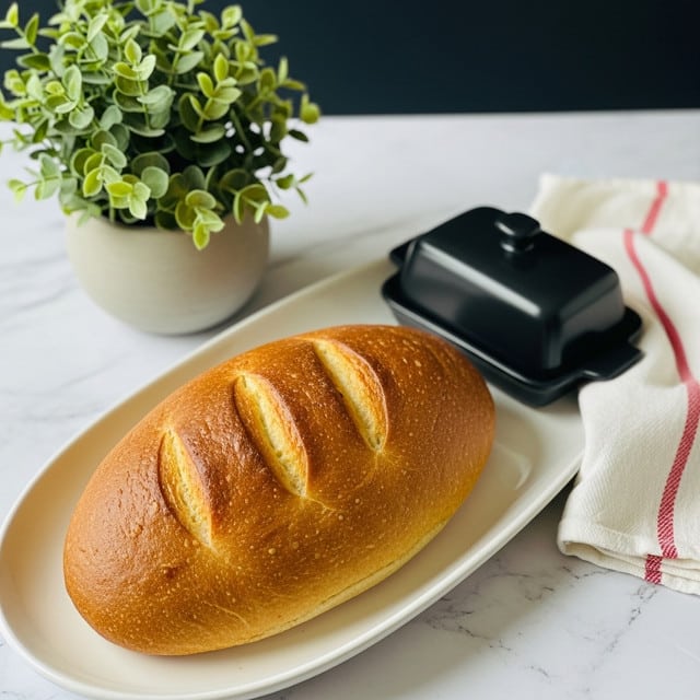 A golden brown loaf of bread with a smooth, slightly shiny crust and three shallow diagonal cuts on top lies on a long, white oval plate. The bread shows a soft texture with some small dimples on the crust. Next to the bread, there is a black, square-shaped butter dish with a lid, and a white cloth with thin red stripes is folded beside it. A small green leafy plant in a round, gray pot is placed nearby. The whole setting is on a white marbled surface with a dark background. photo taken with an iphone --ar 4:5 --v 7