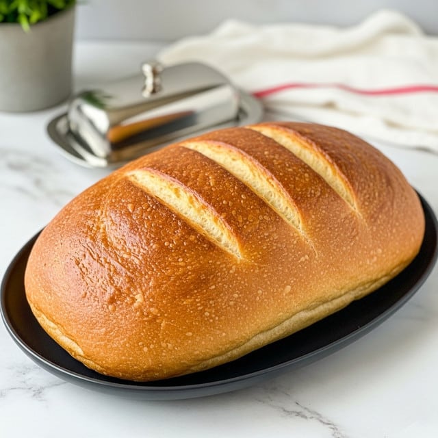 A large, golden-brown loaf of bread with a smooth and shiny crust, featuring three shallow diagonal cuts on the top, rests on a black oval plate. The bread has a soft, slightly puffy texture with a warm, even color. Behind it, there is a silver butter dish with a lid, and next to it, a white cloth with red stripes is casually placed. In the background, a small plant in a grey pot adds a touch of green contrast. The whole scene is set on a white marbled surface photo taken with an iphone --ar 4:5 --v 7