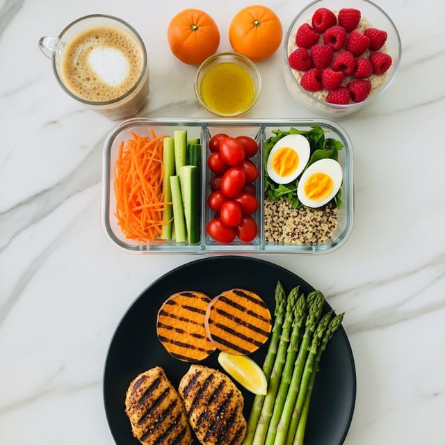 The image shows a meal layout on a white marbled surface with a black plate at the bottom holding two pieces of grilled chicken with a dark, crispy seasoning, two round slices of grilled sweet potato with grill marks, a spear of lemon placed between them, and a bunch of cooked asparagus on the right side. Above the plate is a clear rectangular glass container divided into sections: shredded orange carrots on the left, green cucumber sticks next to them, a cluster of small red cherry tomatoes in the center, two halves of a boiled egg with yellow yolks on the top right, and a bed of light-colored quinoa beneath everything. To the top left is a clear glass cup filled with coffee topped with a foam layer, and to the top right is a clear round glass bowl filled with oatmeal topped with bright red raspberries. There are two small whole oranges and a small round glass bowl filled with yellow sauce or dressing placed between the coffee and the salad. photo taken with an iphone --ar 4:5 --v 7