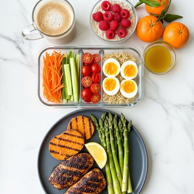 The image shows a full meal on a white marbled surface. At the bottom, there is a dark gray round plate with two pieces of blackened, seasoned grilled chicken, two grilled sweet potato rounds, a small wedge of lemon placed between the chicken and potatoes, and a bunch of green asparagus spears on the right side. Above the plate, there is a clear rectangular glass container with five different layers arranged side by side: shredded orange carrots on the left, long green cucumber sticks next to them, red grape tomatoes in the middle, two thick slices of boiled egg with bright yellow yolk on the right, and cooked light brown quinoa under the eggs. To the top left of the container, there is a clear glass mug filled with frothy light brown coffee. To the top right of the container, there is a small clear glass bowl filled with light beige oatmeal topped with fresh red raspberries. On the right side of the image, two whole bright orange mandarins are placed vertically, with a small clear glass bowl of golden yellow dressing between them. Photo taken with an iphone --ar 4:5 --v 7