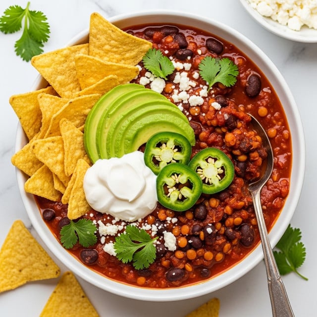 A white bowl filled with a thick red chili base packed with black beans and small yellow lentils, giving a textured and hearty look. On top, there is a generous handful of crispy, golden corn chips layered mainly around one side, adding crunch. A dollop of smooth, white sour cream sits prominently beside sliced, bright green avocado layers and three round slices of fresh jalapeño pepper, with visible seeds. The dish is sprinkled with small bits of white crumbled cheese and scattered fresh green cilantro leaves, adding fresh color contrast. The bowl rests on a white marbled surface with some loose chips and cilantro pieces beside it, and a silver spoon partly submerged in the chili. photo taken with an iphone --ar 4:5 --v 7