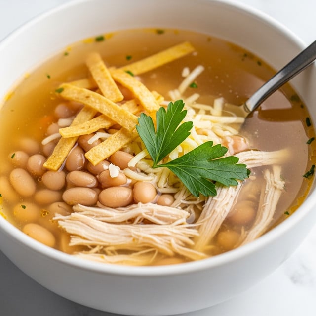 A close-up shot of a white bowl filled with clear broth soup layered with shredded chicken at the bottom, soft white beans, and small thin crispy tortilla strips on top. The soup also has a light layer of melted shredded cheese scattered across the surface. Two dark green parsley leaves rest on the cheese near the center. A shiny silver spoon is partially submerged on the right side of the bowl. The bowl is placed on a white marbled surface, adding a clean and bright background to the warm, comforting soup. photo taken with an iphone --ar 4:5 --v 7