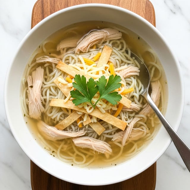A white bowl filled with clear broth containing multiple pieces of light beige shredded chicken and thin white noodles. On top rests a small pile of thin, crispy light brown tortilla strips layered over some shredded pale yellow cheese. Two bright green sprigs of fresh parsley sit in the center on top of the layers. A silver spoon is partially submerged in the bowl. The bowl is placed on a wooden board set on a white marbled surface. photo taken with an iphone --ar 4:5 --v 7