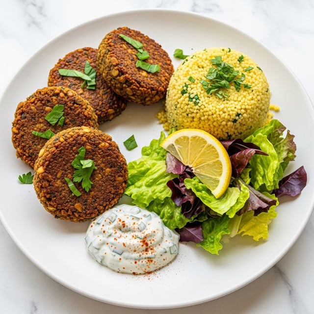 A white plate holds four pressed, round falafel patties with a crispy texture and a mix of brown and green colors scattered with fresh green herb pieces on top. On the right side of the plate, a scoop of yellow couscous speckled with green herbs sits slightly behind the falafel. In front, there is a colorful salad made of light green and purple lettuce leaves next to a bright yellow lemon wedge. A dollop of creamy white sauce with green herb bits and sprinkled with red spice is placed at the front edge of the plate. The whole scene rests on a white marbled surface. photo taken with an iphone --ar 4:5 --v 7