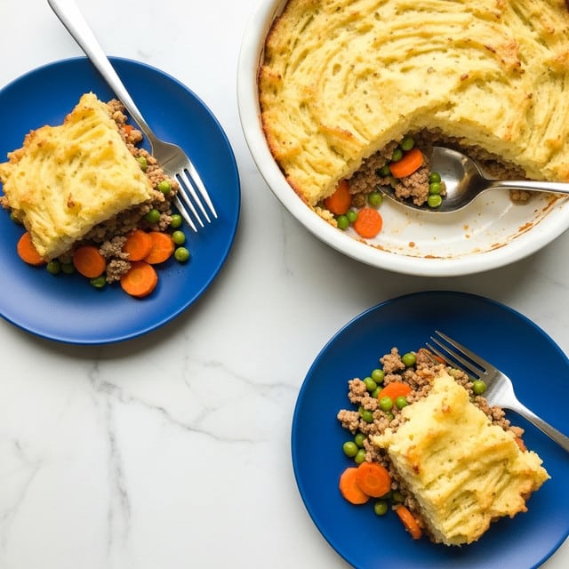 The image shows a white round dish of shepherd's pie with a golden brown mashed potato topping that covers the top layer, slightly browned in some spots. Inside the dish, the filling layer is visible, containing chunks of cooked beef, bright orange carrot slices, and green peas mixed in a rich brown gravy. Two blue plates each hold a portion of the pie; the layer of mashed potatoes sits on top, with the meat and vegetable filling beneath. A spoon rests in the main dish, and a fork is on one plate. The setting is on a white marbled textured surface with a white and blue striped napkin nearby. photo taken with an iphone --ar 4:5 --v 7