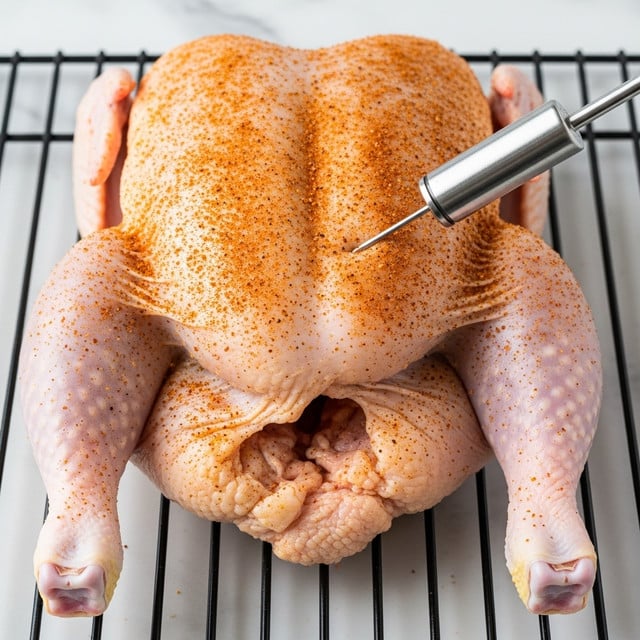 A whole raw chicken is placed breast-up on a black cooking rack over a white marbled surface, with both legs spread out slightly. The chicken's skin is pale with a light sprinkle of reddish-brown dry rub evenly covering the top and legs, giving a speckled texture. A silver metal injector needle is inserted into the thickest part of the chicken's breast, angled towards the center. The scene is bright and clear, focusing closely on the seasoning and injection process. Photo taken with an iphone --ar 4:5 --v 7
