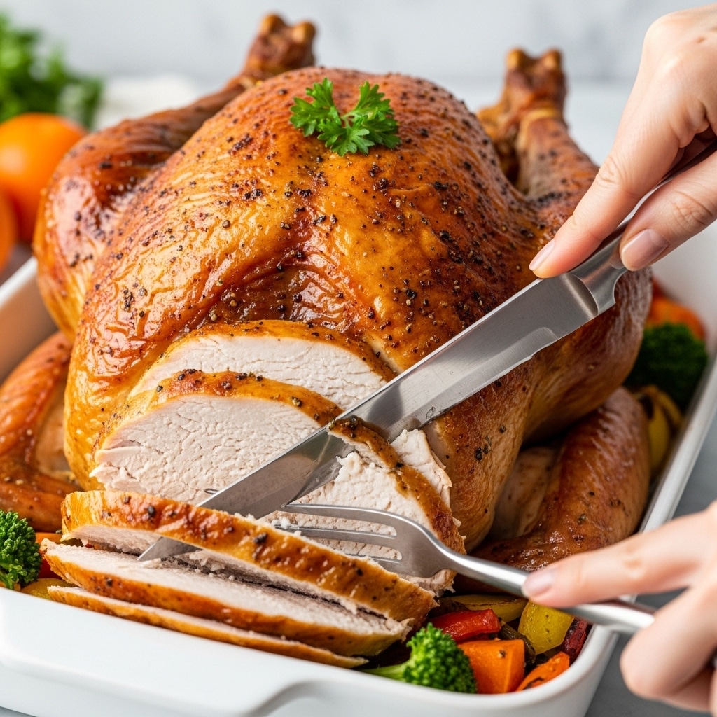 A golden brown roast turkey fills most of a white rectangular roasting pan, with crispy skin showing a slightly rough texture and a small green parsley garnish on top near the center. In front, two thick slices of the white turkey breast meat with a light, slightly fibrous texture are being lifted with a silver carving fork and knife, the knife cutting through the meat held by a woman's hand. Underneath the turkey, a bed of vegetables with orange, yellow, and red colors can be seen faintly through the pan. The background is a white marbled surface with some blurred oranges and greens on the side. Photo taken with an iphone --ar 4:5 --v 7