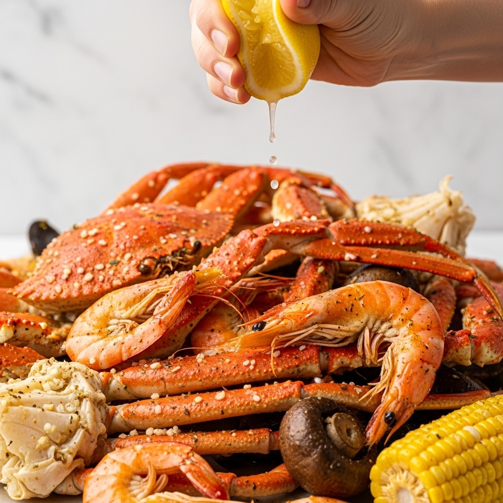 A close-up of a seafood boil shows a mix of crab legs, whole crab, and shrimp all piled together with a few pieces of corn and a brown mushroom, all covered in a light seasoning. A woman's hand is squeezing a lemon above the pile, with juice drops falling onto the seafood. The crab legs are a bright orange with rough texture, the shrimp are pink and curled, and the corn is yellow with visible kernels. The background has a white marbled texture. Photo taken with an iphone --ar 4:5 --v 7