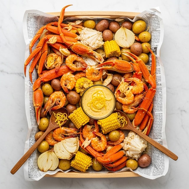 The image shows a large wooden tray lined with crumpled newspaper filled with a seafood feast. The top layer features bright orange crab legs and claws arranged around the tray, mixed with plump shrimp that have a light pinkish-orange color. Scattered between the seafood are golden yellow corn on the cob pieces, whole small potatoes in shades of yellow and brown, and slices of onion with a pale translucent look. In the center of the tray is a small bowl of creamy yellow dipping sauce with some grated lemon peel on top. Two wooden spoons rest on opposite sides of the tray. The whole setup sits on a white marbled textured surface. Photo taken with an iphone --ar 4:5 --v 7