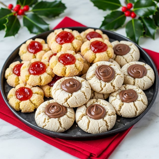 A round dark metal tray holds a mix of two types of cookies arranged in a loose pile. One kind of cookie has a bumpy sugar-coated texture, is light golden brown, and is topped with dollops of bright red jam or translucent amber jelly. The other kind is a bit smoother, pale beige in color, with a cracked surface, and each one has a swirl of smooth chocolate in the center. The tray sits on a folded red cloth on a white marbled surface. Green holly leaves with sharp edges and bright red berries are blurred in the background. Photo taken with an iphone --ar 4:5 --v 7