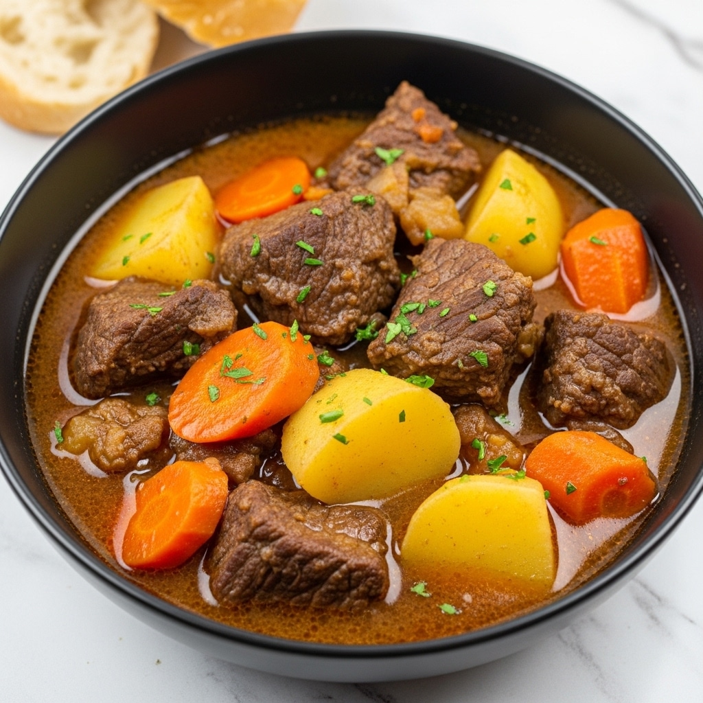 A close-up of a black bowl filled with a stew containing three layers: large light yellow whole potatoes at the bottom, bright orange whole baby carrots scattered over and around the potatoes, and dark brown chunks of beef mixed with small pieces of cooked onion on top, all covered with a thin brown broth. The dish is sprinkled with small green herb leaves for garnish. There is a slice of bread partially visible at the bowl's upper left edge, all placed on a white marbled surface. Photo taken with an iphone --ar 4:5 --v 7