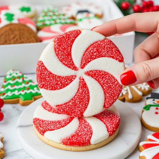 A close-up view of a round cookie designed like a peppermint candy, with four large curved red sugar-coated stripes alternating with four white sugar-coated stripes, creating a pinwheel effect; the cookie has a rough crystalline texture from the sugar crystals. The cookie is stacked on top of a similar one, both sitting on a white marbled surface inside a white box. In the background, parts of other cookies are visible, including a brown round cookie and some gingerbread shapes decorated with white icing. photo taken with an iphone --ar 4:5 --v 7