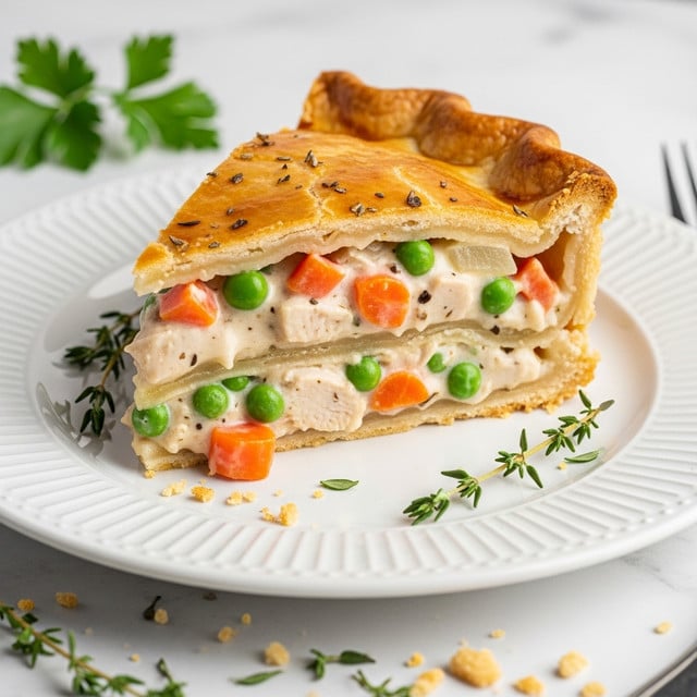 The image shows a large golden brown chicken pot pie with a shiny, flaky crust that is thick and slightly uneven on the edges, sitting in a clear glass pie dish on a white marbled surface. A wedge has been cut out from the pie, revealing a creamy filling with chunks of light beige chicken mixed with green peas and small orange carrot pieces. The top crust has a few small vent slits near the center, with tiny green herb leaves scattered on it. Nearby, a white plate holds a slice of the pie, showing the creamy filling spilling out. Fresh sprigs of green herbs lie on the white marbled surface around the pie, along with a silver serving spatula and a folded dark blue cloth napkin. photo taken with an iphone --ar 4:5 --v 7
