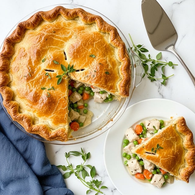 A slice of chicken pot pie rests on a white plate with ridged edges, showing three visible layers; the top layer is a golden brown, flaky crust with a slightly glossy finish and some small browned spots, the middle layer is a thick, creamy filling with a light beige color mixed with tender, diced orange carrots and bright green peas, and the bottom layer is the buttery pie crust base. Around the plate are small crumbs, a few sprigs of thyme, and some parsley leaves on a white marbled surface in soft light. photo taken with an iphone --ar 4:5 --v 7