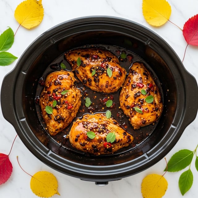 A black slow cooker filled with four pieces of chicken breasts, each covered in a glossy, dark brown sauce with visible chili flakes and pepper bits. Fresh green herb leaves are scattered on top of the chicken, adding a pop of color. The chicken appears tender and moist, sitting in a thin layer of sauce at the bottom of the cooker. Around the cooker, there are scattered yellow and red autumn leaves and a few fresh green leaves on a white marbled surface. photo taken with an iphone --ar 4:5 --v 7