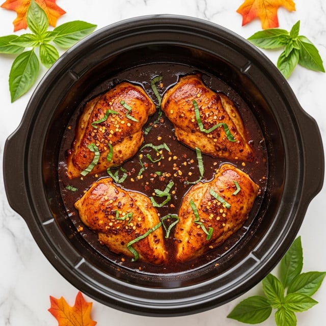 The image shows four browned chicken breasts in a dark round slow cooker filled with a thick, glossy, dark reddish-brown sauce. The chicken pieces are arranged in a circle, each coated with the sauce and sprinkled with crushed red pepper flakes and small fresh green basil leaves scattered on top. The slow cooker sits on a white marbled surface with a few autumn leaves and fresh basil leaves placed around it for decoration. The lighting highlights the shiny texture of the sauce and the golden-brown color of the chicken. photo taken with an iphone --ar 4:5 --v 7