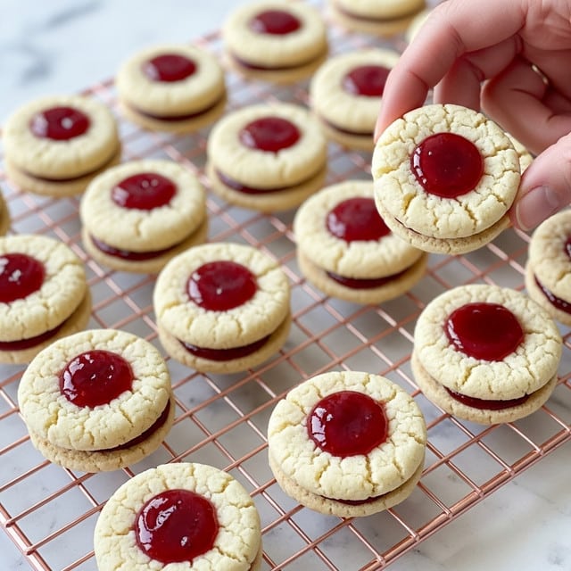 The image shows a close-up of many small, round cookies arranged on a rose gold wire rack. Each cookie has one layer of light beige, slightly cracked dough with a smooth texture, and in the center, there is a dollop of bright red glossy jam. The cookies are evenly spaced, and the background is softly blurred with a white marbled texture underneath the rack. A woman's hand is gently holding one cookie at the edge of the frame. Photo taken with an iphone --ar 4:5 --v 7
