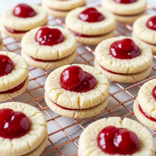 The image shows a close-up of several small, round cookies arranged neatly on a copper wire rack. Each cookie has one layer of light beige, slightly cracked cookie dough at the base, topped with a vibrant red cherry filling dollop in the center. The cherry filling looks glossy and smooth, creating a bright contrast against the soft texture of the cookie dough. The background features a white marbled surface, slightly blurred. Photo taken with an iphone --ar 4:5 --v 7