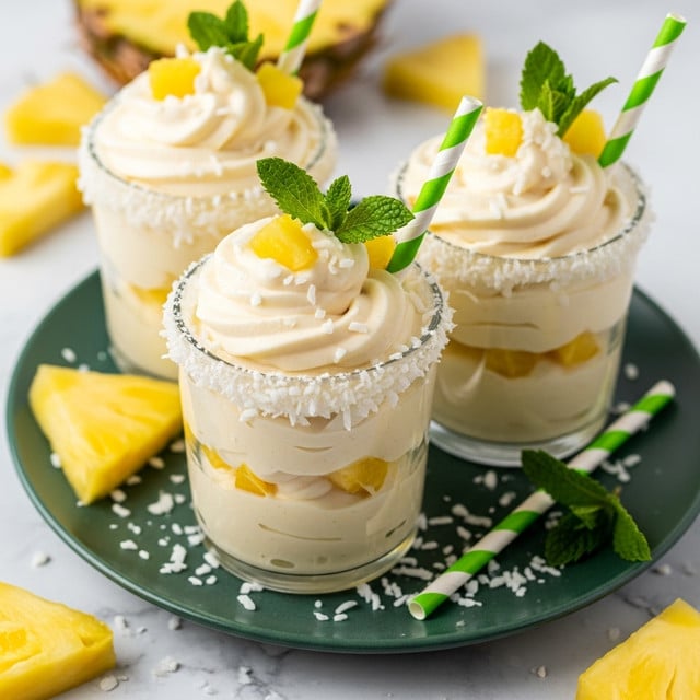 The image shows three small clear glasses filled with a creamy, light yellow dessert that has a smooth and soft texture layered twice inside each glass. The top is thickly swirled with the same creamy mixture and decorated with small pieces of yellow pineapple and fresh green mint leaves. The rim of each glass is coated with white shredded coconut, and there are some coconut flakes sprinkled around the glasses. Two of the glasses have green and white striped straws sticking out, and the glasses are placed on a dark green plate. Pineapple pieces are placed around the plate on a white marbled surface. photo taken with an iphone --ar 4:5 --v 7
