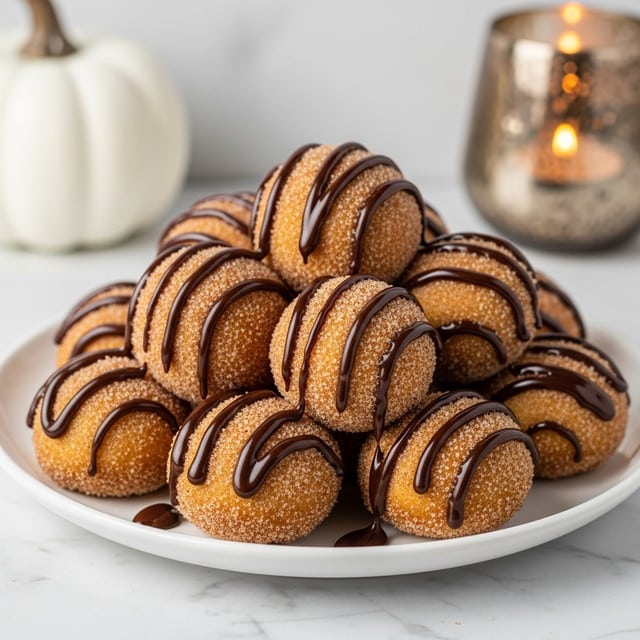 A white plate filled with small, golden-brown crescent-shaped pastries stacked in a pyramid. Each pastry is coated lightly with cinnamon sugar and drizzled generously with thick, glossy dark chocolate sauce that creates vertical stripes over the surface. The background shows a smooth white marbled texture, with a white pumpkin decoration on the left and a softly glowing candle inside a small glass holder on the right. The whole setup gives a warm, cozy feel. photo taken with an iphone --ar 4:5 --v 7