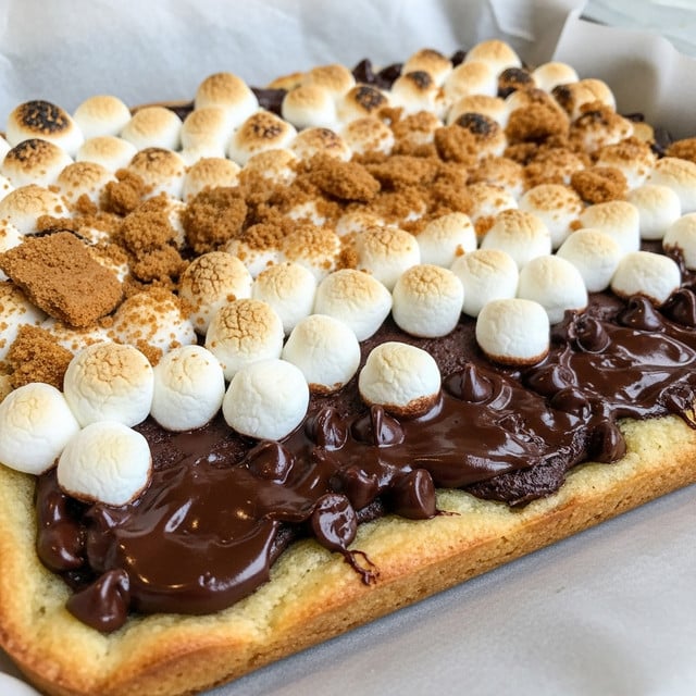 The image shows a stack of four square s'mores bars, each with three clear layers: the bottom layer is a crumbly, golden brown graham cracker crust; the middle layer consists of melted dark chocolate pieces; and the top layer is a gooey mix of white, fluffy marshmallows, some of which are slightly toasted and brown at the edges. The bars have a soft, chewy texture, and the layers are thick and even. The stack is on a white marbled surface with small white marshmallows scattered around. The background is softly blurred to keep the focus on the bars. Photo taken with an iphone --ar 4:5 --v 7