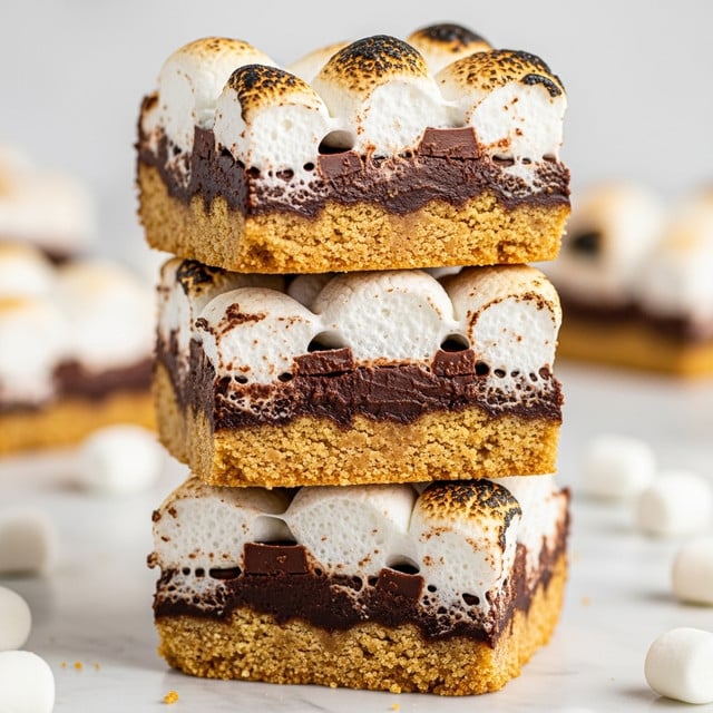 A rectangular baked dessert bar in a baking pan lined with parchment paper shows three main layers: the base is a golden-brown crust with a slightly puffed edge, the middle layer is melted dark chocolate chips spread unevenly, and the top layer is a mix of white mini marshmallows, some toasted to light brown, and crushed light brown cookie crumbs scattered over the surface. The overall texture looks soft and gooey with a mix of smooth and crunchy parts. Photo taken with an iphone --ar 4:5 --v 7