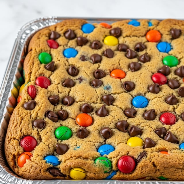The image shows a close-up of a thick, chewy cookie bar baked in a foil-lined pan. The cookie dough is golden brown and studded generously with an assortment of colorful candy-coated chocolate pieces in red, blue, green, yellow, and orange, along with many small dark chocolate chips scattered evenly all over the top. The surface is slightly uneven with visible soft baked texture and melted chocolate pieces. The edges show a lightly crisp and firm crust, while the inside looks soft and moist. The foil lining around the pan is shiny and crinkled, and the background is a white marbled texture. photo taken with an iphone --ar 4:5 --v 7