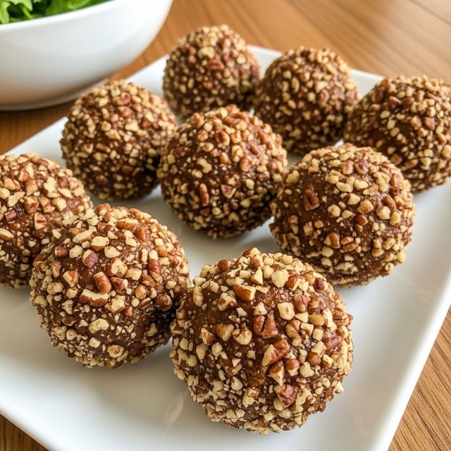 The image shows a white rectangular plate holding eight round balls made from a mixture coated thickly in chopped nuts. Each ball has a rough texture with visible pieces of pecans and other nuts in shades of brown, giving a crunchy appearance. The nuts cover the outer layer completely, making the surface uneven and textured, while the inside looks softer and slightly sticky. The plate is placed on a wooden table, and part of a white bowl with green leafy salad is visible in the top left corner. photo taken with an iphone --ar 4:5 --v 7