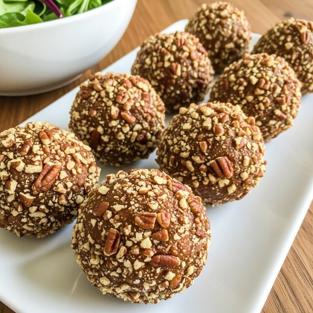 A close-up image of a white rectangular plate holding eight round balls covered in small chopped brown nuts, each ball having a rough texture and a mix of light and dark brown colors. The balls are tightly packed and placed in two rows on the plate, which sits on a white cloth with red stripes on a white marbled surface. In the blurred background, there is a glimpse of greenery with leaves and small dark red berries, adding a soft natural touch to the scene. photo taken with an iphone --ar 4:5 --v 7