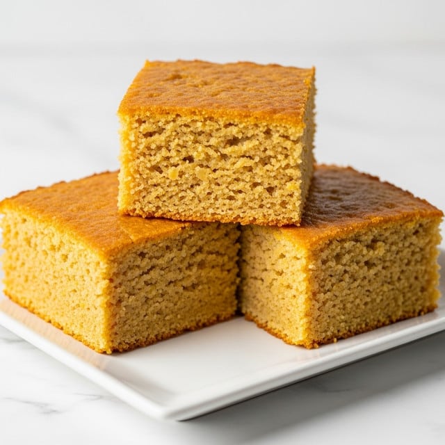 Two square pieces of moist, golden brown cake stacked on top of each other on a wooden surface. The bottom piece has a slightly crumbly texture with a soft, dense inside, and the top piece is darker and smoother on the outside with a tender interior. A white fabric with dark patterns is visible on the right side of the cake stack. The background appears blurred with a white marbled texture replacing the original background. photo taken with an iphone --ar 4:5 --v 7