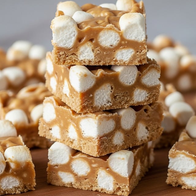 The image shows a thick square bar made of small white marshmallows mixed and held together in a golden caramel-colored layer. The bar has two clear layers: the bottom and middle parts are packed tightly with white marshmallows covered in a smooth caramel mixture, while the top layer consists of caramel coating with marshmallows pushing slightly above the surface, giving it a bumpy texture. The bar sits on a white marbled surface that softly reflects light, highlighting the glossy caramel and soft marshmallows. photo taken with an iphone --ar 4:5 --v 7