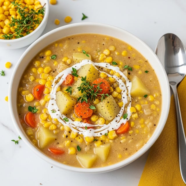 A white bowl filled with thick, creamy corn chowder showing layers of chunky yellow corn kernels, soft orange carrot pieces, and large pale yellow potato chunks all mixed in a light beige creamy broth. The soup is topped with a swirl of white cream and sprinkled with chopped green herbs and black pepper. A sprig of fresh green thyme rests on top as garnish. The bowl is placed on a white marbled surface, next to a small white bowl with bright yellow corn and more thyme, alongside a metal spoon resting on a folded yellow cloth. photo taken with an iphone --ar 4:5 --v 7