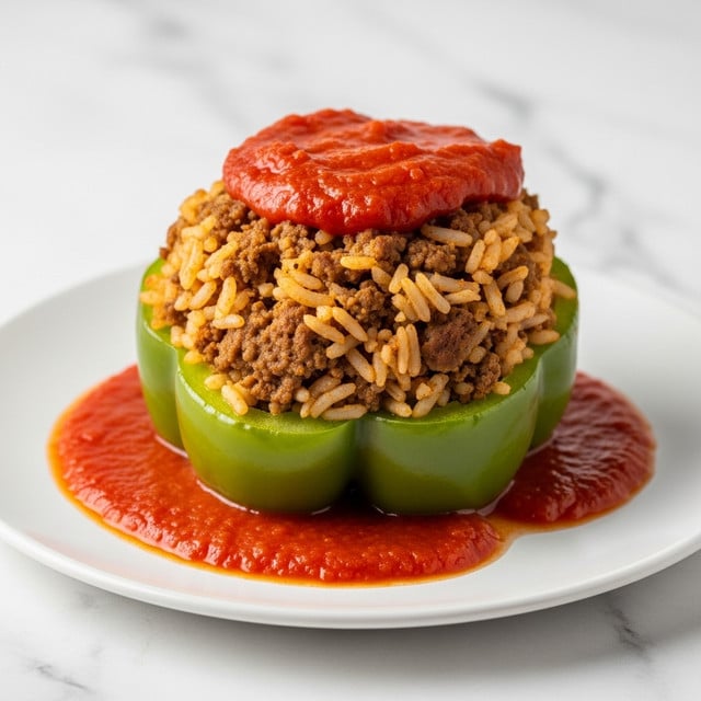 A stuffed green bell pepper cut in half lies on a white plate with a white marbled texture background. The pepper forms the bottom layer, filled with a mix of cooked rice and ground meat that has a brown and slightly crumbly texture, forming the middle layer. The top layer shows a generous spoonful of thick red tomato sauce spread over the rice and meat, also pooling slightly around the pepper on the plate. Photo taken with an iphone --ar 4:5 --v 7