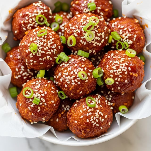 This image shows a bowl filled with several bite-sized, round pieces of fried food coated in a sticky, reddish-brown sauce. Each piece has a crispy textured surface underneath the sauce. On top, there are many small, white sesame seeds sprinkled all over, along with scattered fresh, bright green chopped scallions for contrast. The bowl is white and lined with white parchment paper, with a white marbled surface below it. The colors stand out clearly with a close-up shot focusing on the texture and toppings. photo taken with an iphone --ar 4:5 --v 7