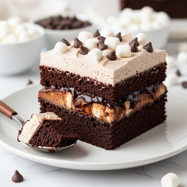 The image shows a square piece of chocolate cake on a white plate with a silver fork. The cake has three visible layers: a moist dark brown chocolate base, a middle layer with shiny chocolate and creamy texture, and a top light brown whipped frosting sprinkled with mini white marshmallows and small dark chocolate chips. A bite-sized piece of the cake with frosting and marshmallows is held on the fork resting on the plate. The background has a soft white marbled texture with blurred bowls of tiny chocolate chips and marshmallows. Photo taken with an iphone --ar 4:5 --v 7