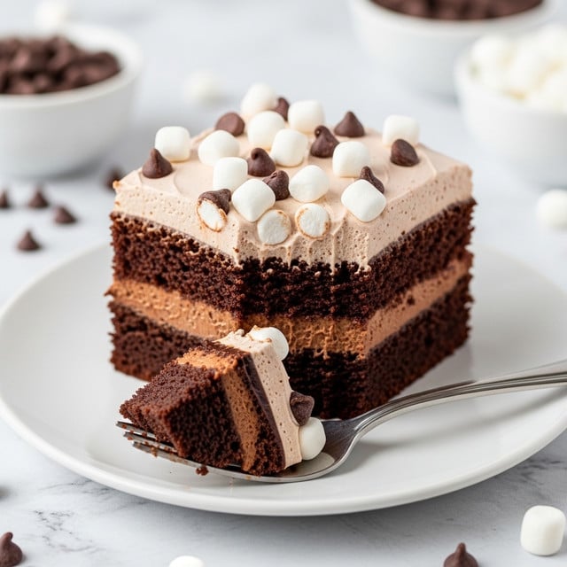 A square piece of chocolate cake with two main layers sits on a white plate with a brown spoon holding a bite of cake in the front. The bottom layer is dark, moist chocolate cake, topped with a glossy dark chocolate filling mixed with creamy texture in the middle layer. The top layer is light brown whipped cream or frosting, decorated with small white marshmallows and scattered dark chocolate chips. The surface beneath the plate is a white marbled texture, with blurred bowls of mini marshmallows and chocolate chips visible in the background. Photo taken with an iphone --ar 4:5 --v 7