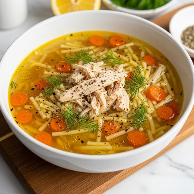 A white bowl filled with chicken noodle soup sits on a wooden board over a white marbled surface. The soup has a golden broth base with small pieces of shredded chicken scattered on top. There are small orange carrot cubes and thin short noodles mixed throughout the soup. Fresh green dill is sprinkled over the surface, with coarse black pepper scattered on top for seasoning. In the background, slightly out of focus, a lemon slice and a dish of pepper can be seen near some green herbs. The photo is taken with an iphone --ar 4:5 --v 7