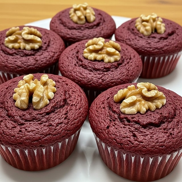 Five rich red velvet muffins sit closely together on a white plate, each muffin topped with a few light brown walnut halves adding texture and contrast. The muffins have a slightly rough, soft surface with a deep red color and visible crumb details. The base of each muffin is wrapped in a matching red paper liner. The white plate is placed on a wooden table, giving a subtle warm tone to the background but the focus stays on the muffins. photo taken with an iphone --ar 4:5 --v 7