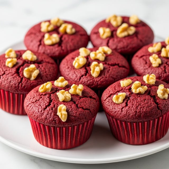 A white plate holds five deep red cupcakes, each topped with small pieces of light brown walnut halves. The cupcakes have a rough, moist texture with small cracks visible on top, and are wrapped in matching red liners at the base. The bright red color contrasts with the light walnut pieces, which add a crunchy look. The plate sits on a soft, white marbled surface, and the image captures the cupcakes up close, showing fine details of the crumb and nuts, with a soft natural light. photo taken with an iphone --ar 4:5 --v 7
