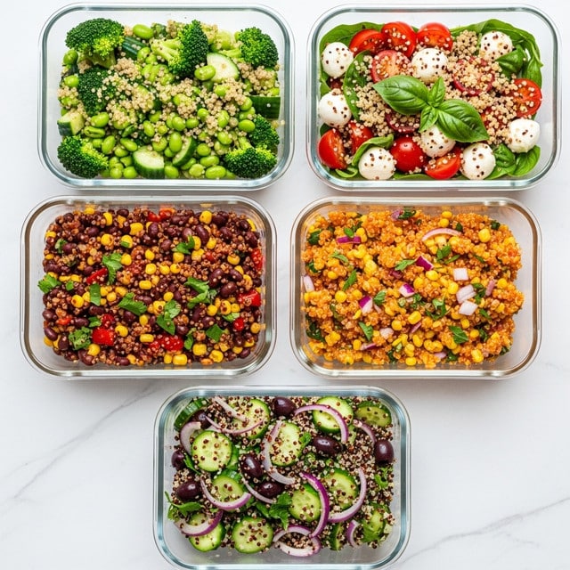Five rectangular clear glass containers filled with different quinoa salads are placed on a white marbled texture. The top left container holds a green mix of broccoli florets, chopped cucumber, edamame, and quinoa. The top right container contains a colorful salad with bright red cherry tomatoes, white mozzarella balls, green basil leaves, and quinoa. The middle left container is filled with a mix of black beans, corn, chopped red bell peppers, green herbs, and quinoa in a slightly reddish seasoning. The middle right container has a bright orange quinoa salad mixed with diced red onions, corn, and green herbs. The bottom container contains a salad made of quinoa, chopped cucumbers, red onions, black olives, and green herbs with a fresh texture. Photo taken with an iphone --ar 4:5 --v 7
