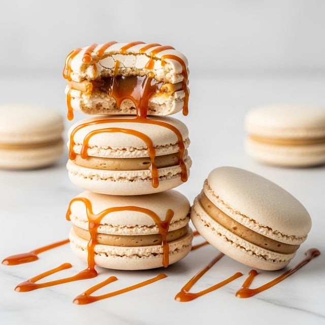 A stack of four light beige macarons sits on a white marbled surface, with the top macaron bitten to show a gooey, caramel-colored filling inside. Each macaron has a smooth top shell and a rough, textured edge where it meets the creamy filling, which is visible in light beige and caramel shades. Drizzles of caramel sauce decorate the stack and the surface nearby. Two whole macarons lie beside the stack, highlighting their smooth, slightly rounded tops and creamy filling in the middle. The overall look is soft, sweet, and inviting. photo taken with an iphone --ar 4:5 --v 7