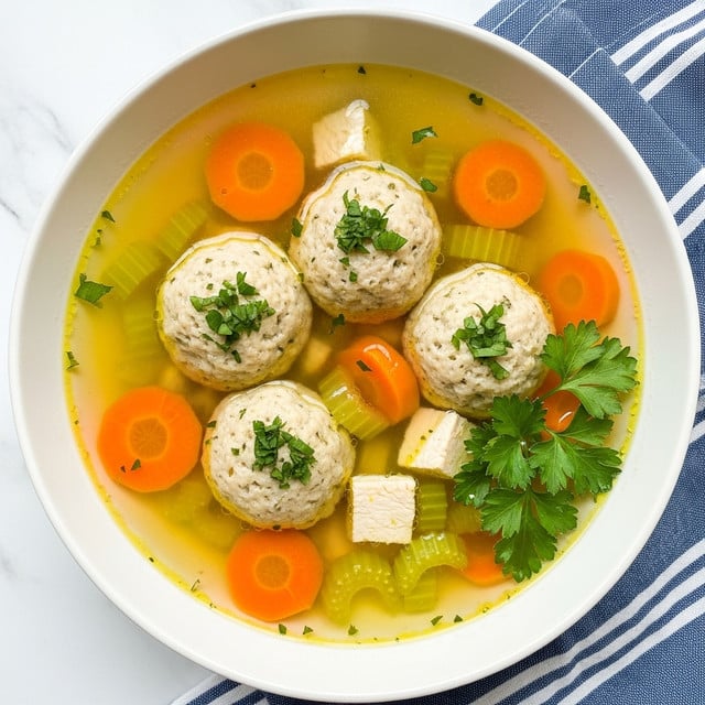 A white bowl filled with clear yellow broth soup featuring four round, beige matzo balls sprinkled with green herbs floating on top. Within the broth, there are vibrant orange carrot slices and light green celery pieces, along with small white chunks of chicken. A sprig of fresh green parsley garnishes the soup on one side. The bowl is placed on a white marbled surface, next to a blue and white striped cloth. Photo taken with an iphone --ar 4:5 --v 7