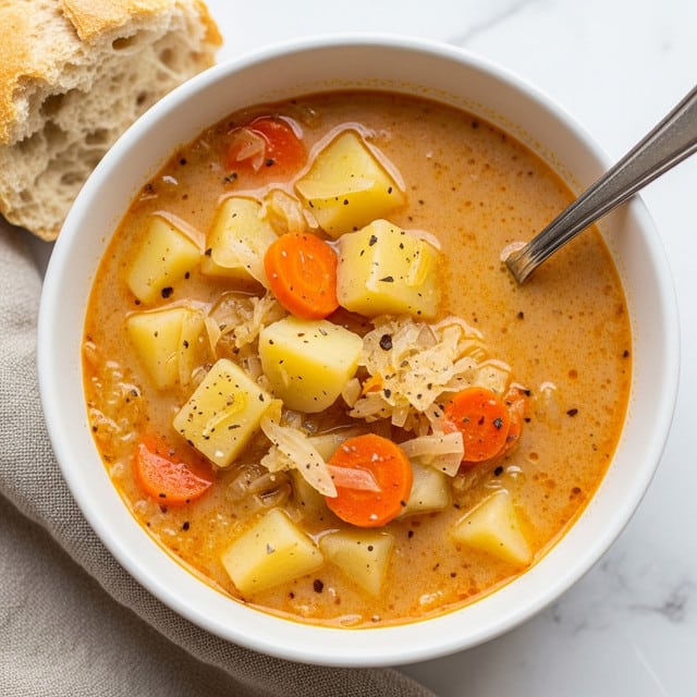 A close-up view of a creamy soup in a white bowl filled with chunks of light beige potatoes, small pieces of orange carrots, and bits of gently cooked onions in a rich, light orange broth with tiny dark seasoning specks. A silver spoon rests inside the bowl on the right side, and in the top left corner, a piece of crusty bread with a porous texture sits near the bowl. The bowl is placed on a textured beige cloth over a white marbled surface. Photo taken with an iphone --ar 4:5 --v 7