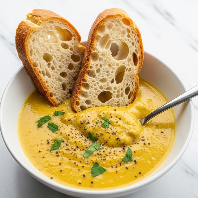 A white bowl filled with creamy yellow soup topped with sprinkles of green herbs and black pepper, with visible small bits in the soup, and two thick pieces of crusty golden brown bread with large air holes are standing upright, resting partly inside the soup. A silver spoon is dipped in the soup on the right side. The background is a white marbled texture. Photo taken with an iphone --ar 4:5 --v 7