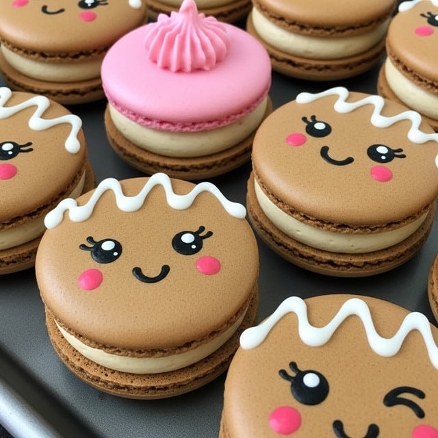 This image shows several reddish-brown macarons with smooth tops and rough edges. One macaron in the front is open, revealing a thick swirl of light tan cream with fine specks inside on the bottom half. Another macaron nearby has a face drawn on its top, made with white icing, which includes two dots for eyes, a curved line for a smile, and a squiggly line resembling hair. Behind the macarons, there is a beige shaped piping bag lying flat. On the right side, there is a white tray holding more macarons of the same type. All of this is placed on a gray stone-like surface that looks rough and textured. photo taken with an iphone --ar 4:5 --v 7