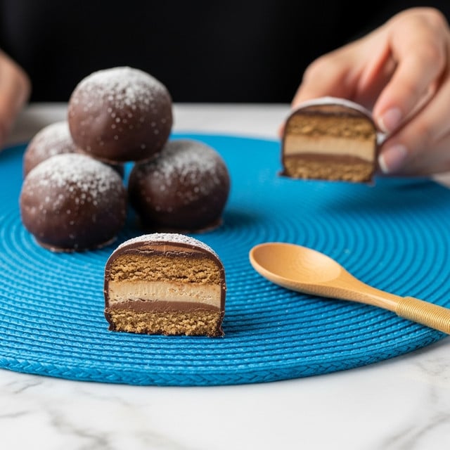 The image shows several round chocolate-covered treats placed on a bright blue woven mat, set on a white marbled surface. One of the treats is cut in half in the front, revealing three inner layers: a light brown crumbly inner core, a smooth light brown middle layer, and a thin dark chocolate outer coating covered with a light dusting of powder. Behind, there are more whole treats stacked slightly, with a wooden spoon with a light brown handle resting on the mat to the right. A woman's hand is gently holding one of the treats in the background. The scene is bright and clear, showing the texture of each layer distinctly. Photo taken with an iphone --ar 4:5 --v 7