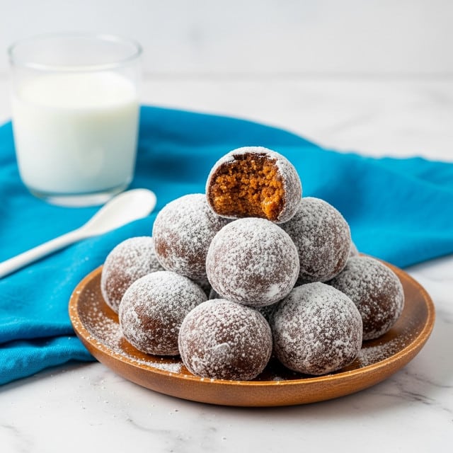 A wooden plate holds a pile of round chocolate-covered balls, each lightly sprinkled with powdered sugar creating a soft white dusting on the dark brown surface. The balls are stacked in a small pyramid, with one ball at the top bitten to show a crumbly orange-brown inside texture. In the background, a glass of milk and a white spoon rest on a bright blue cloth, all set against a white marbled texture surface. Photo taken with an iphone --ar 4:5 --v 7